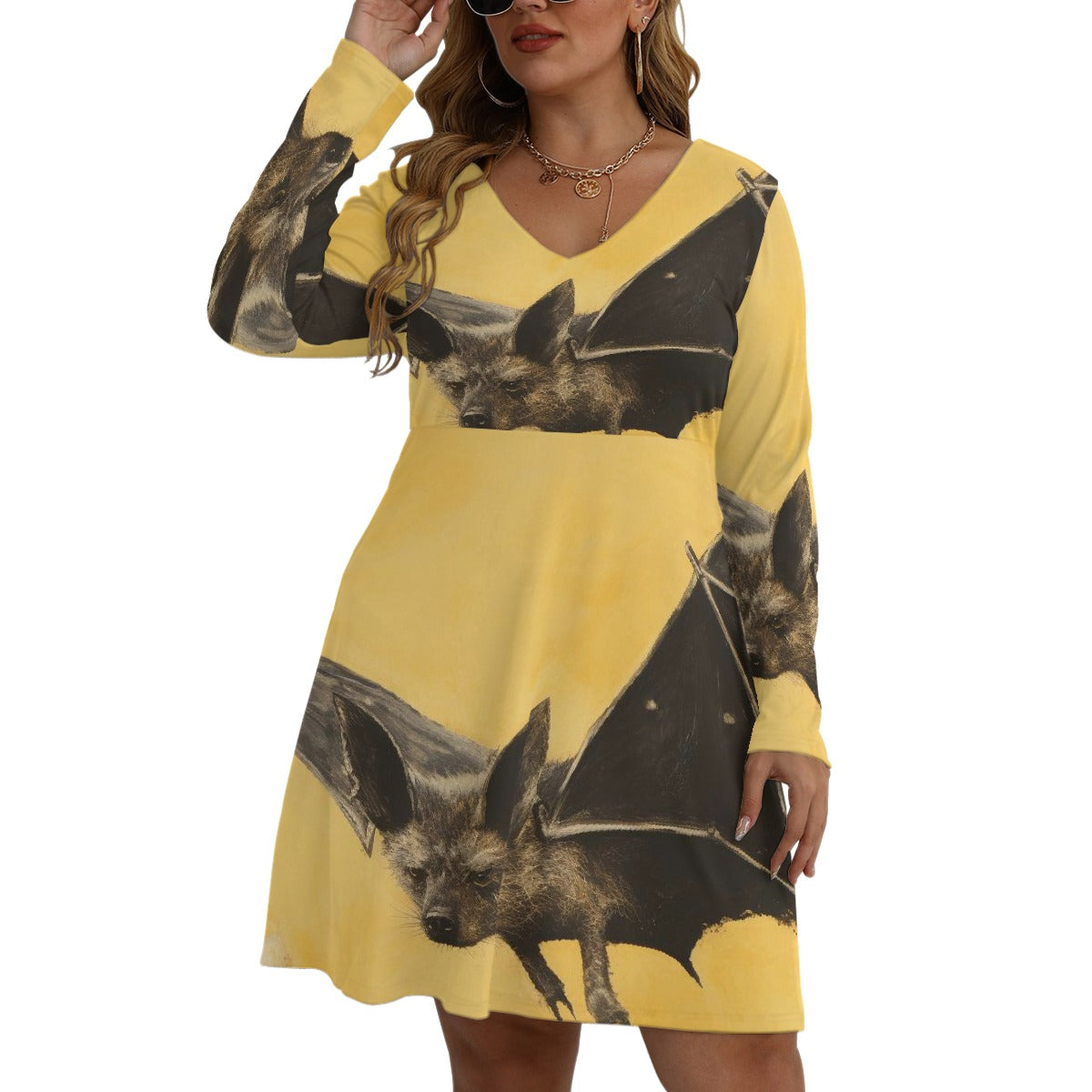 All-Over Print Women's V-neck Long Sleeve Dress(Plus Size)