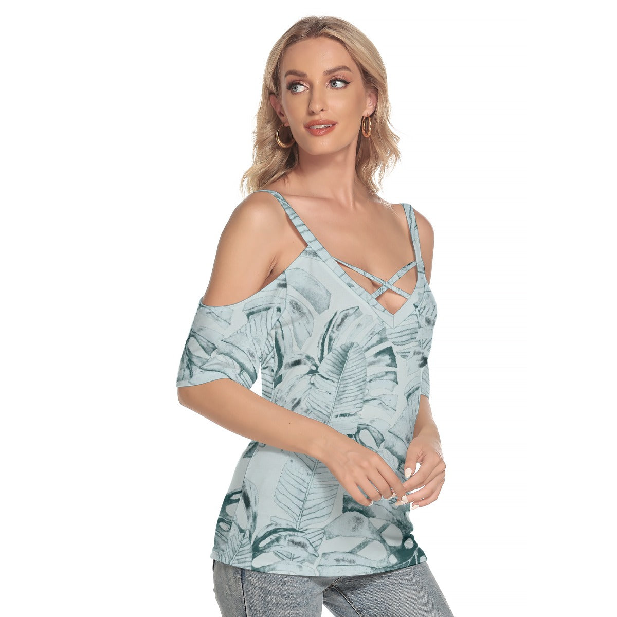 All-Over Print Women's Cold Shoulder T-shirt With Criss Cross Strips