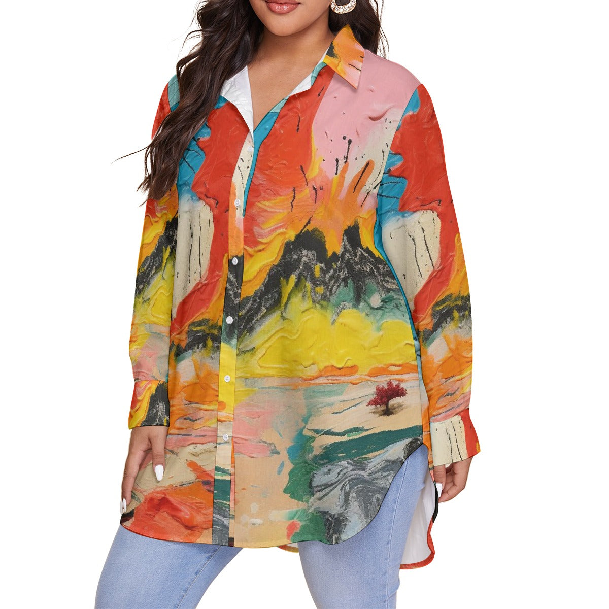 All-Over Print Women's Shirt With Long Sleeve(Plus Size)