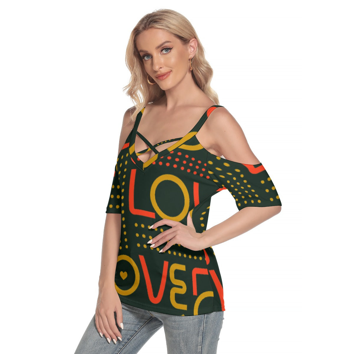 All-Over Print Women's Cold Shoulder T-shirt With Criss Cross Strips