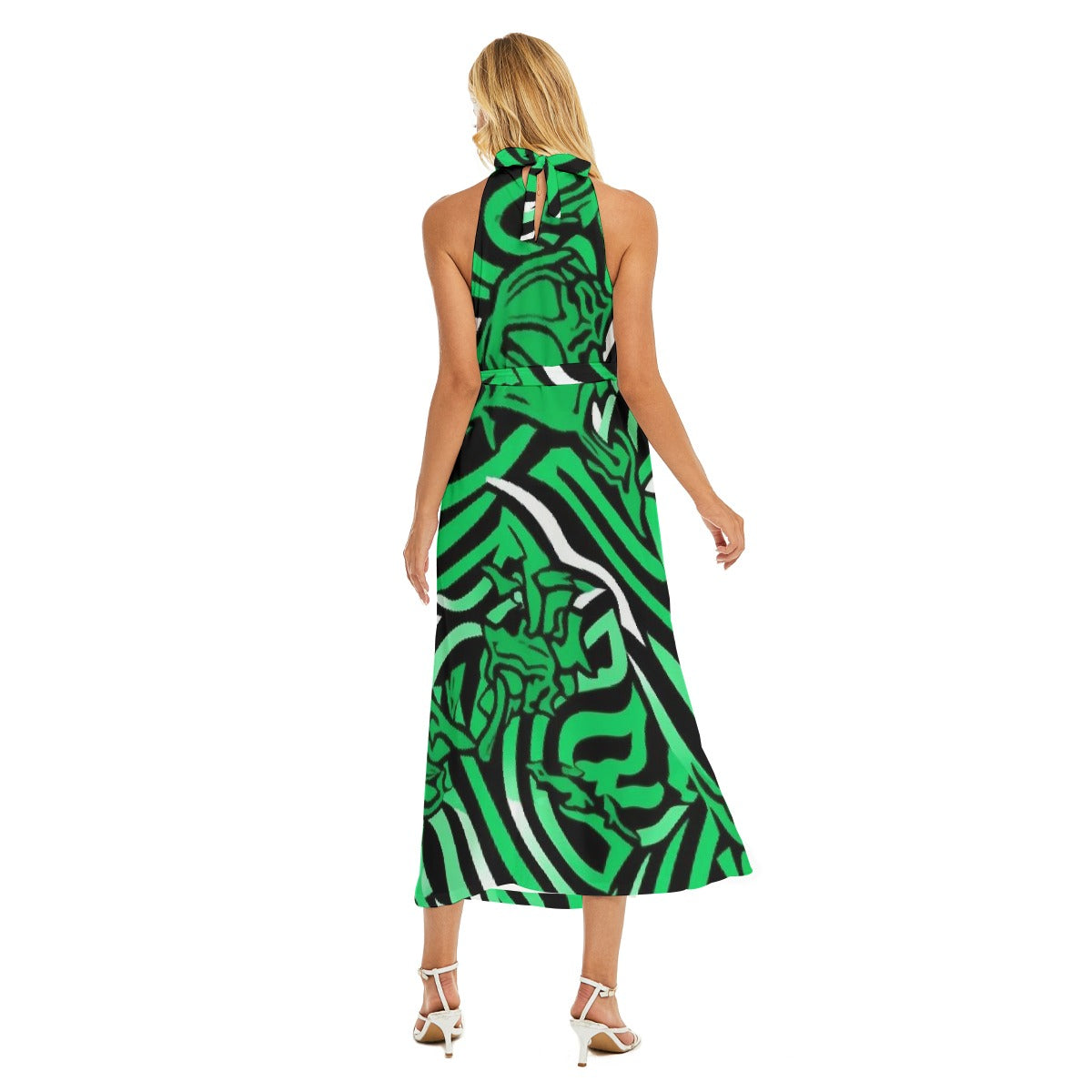 All-Over Print Women's Wrap Hem Belted Halter Dress