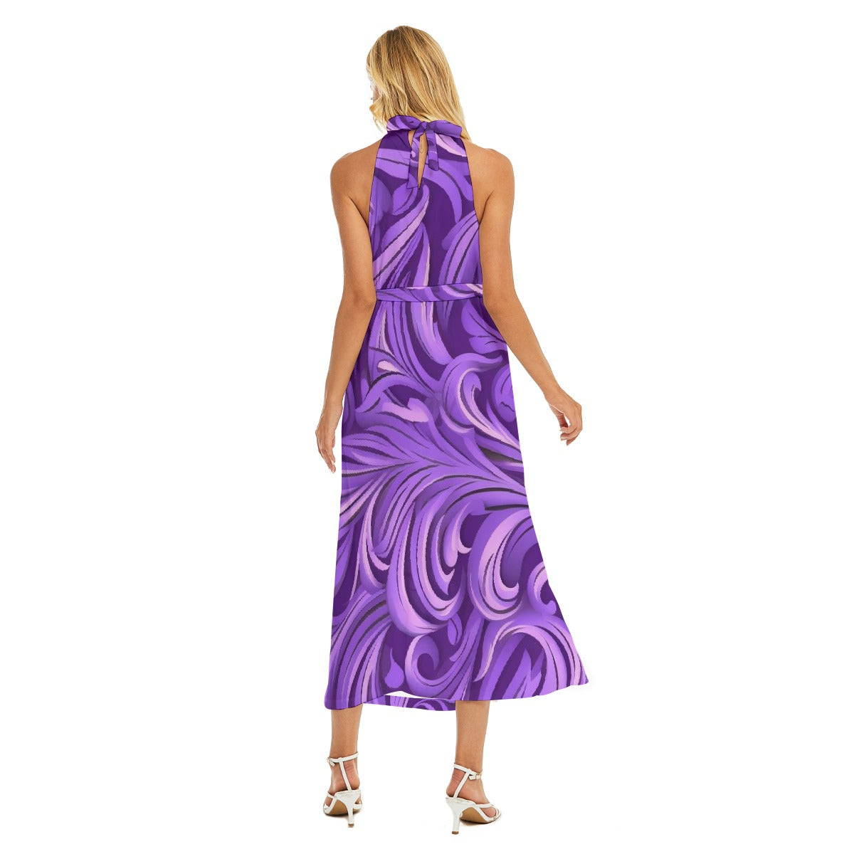 All-Over Print Women's Wrap Hem Belted Halter Dress