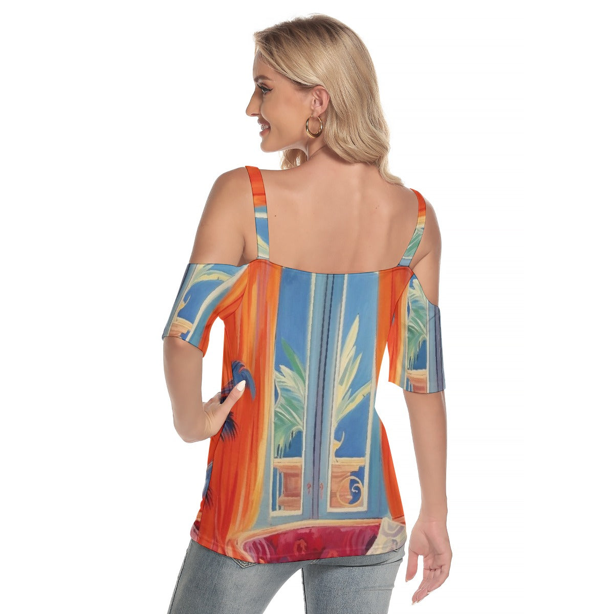 All-Over Print Women's Cold Shoulder T-shirt With Criss Cross Strips