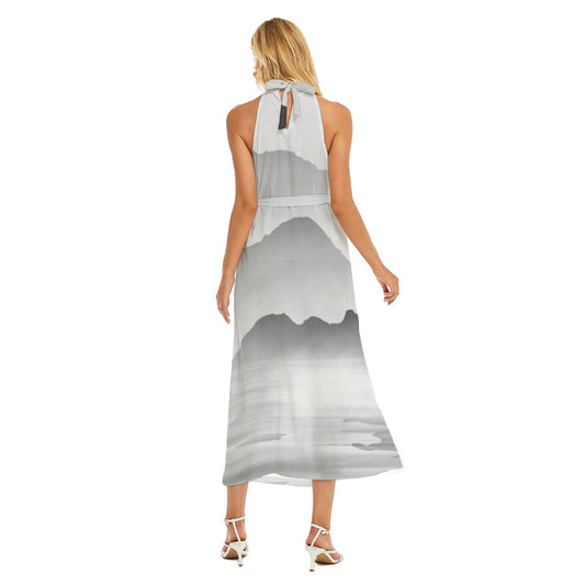 All-Over Print Women's Wrap Hem Belted Halter Dress