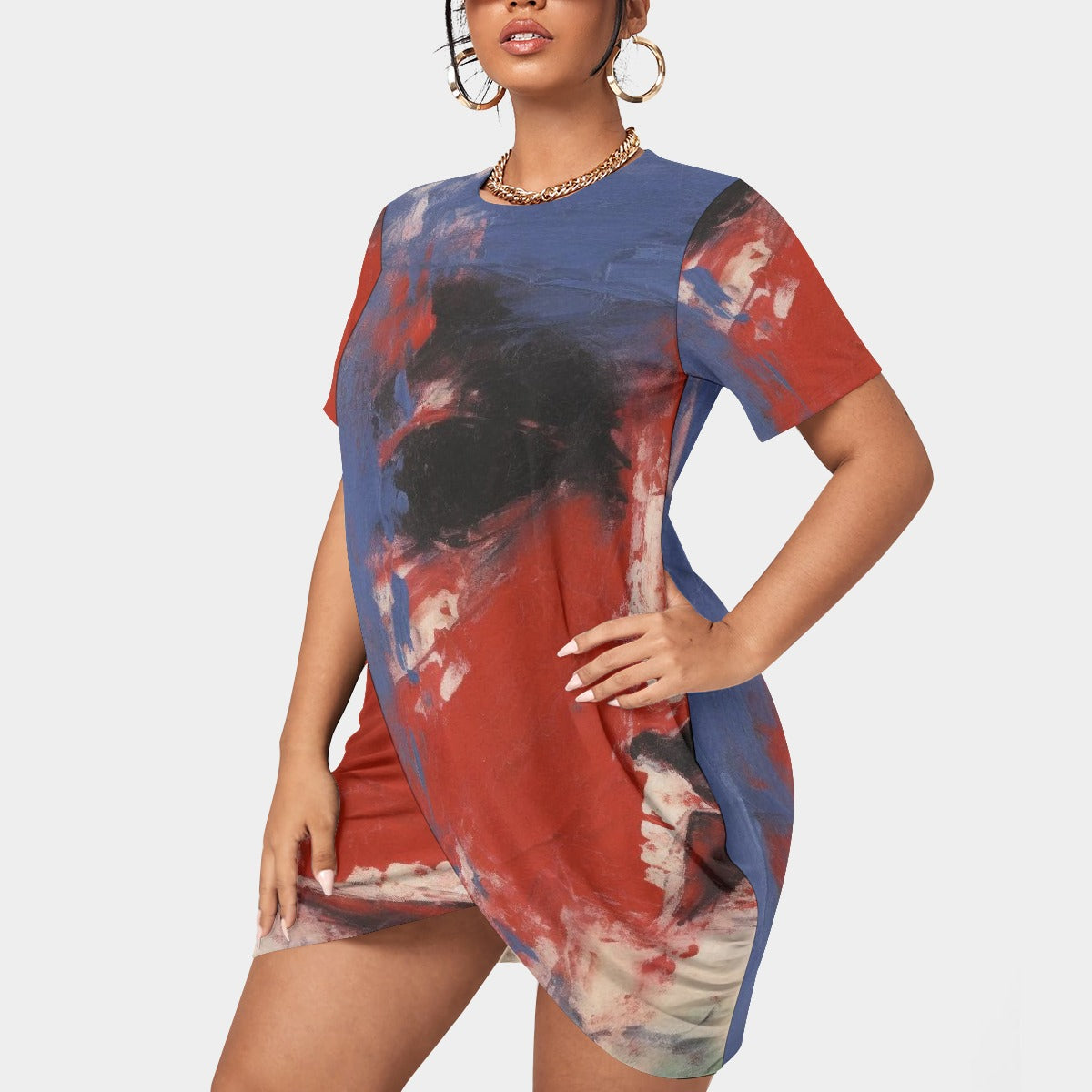 All-Over Print Women’s Stacked Hem Dress With Short Sleeve（Plus Size）