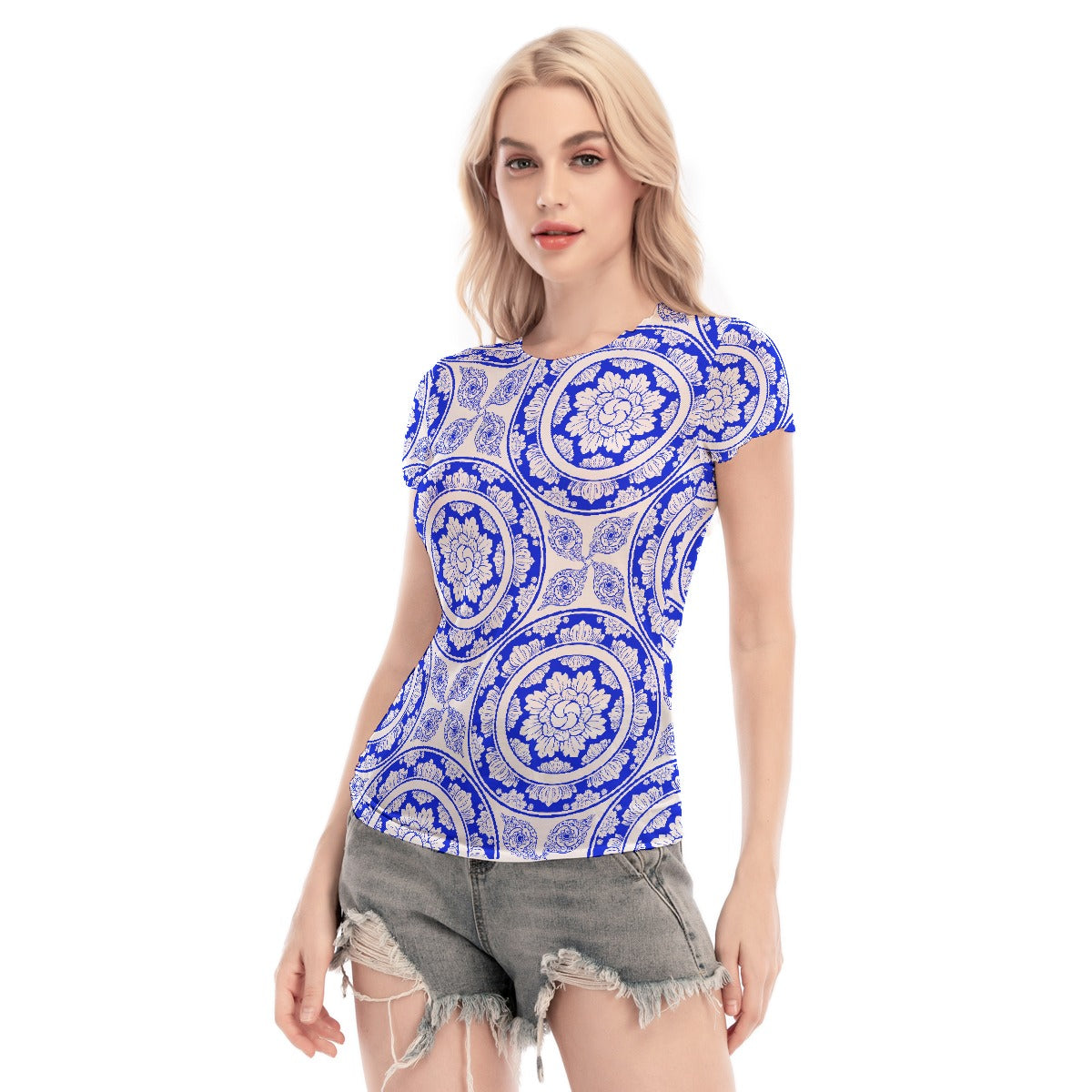 All-Over Print Women's Short Sleeve Mesh Blouse