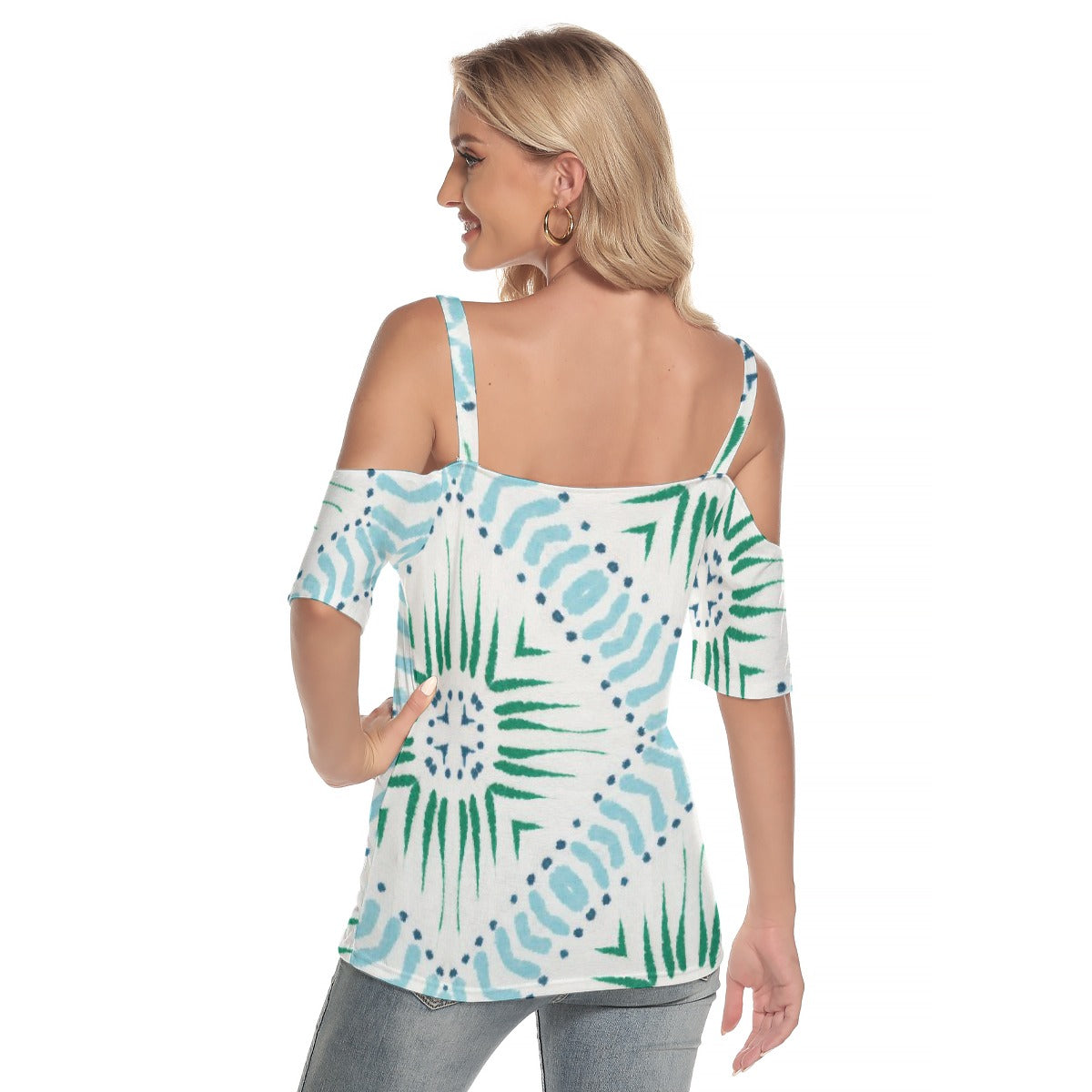 All-Over Print Women's Cold Shoulder T-shirt With Criss Cross Strips