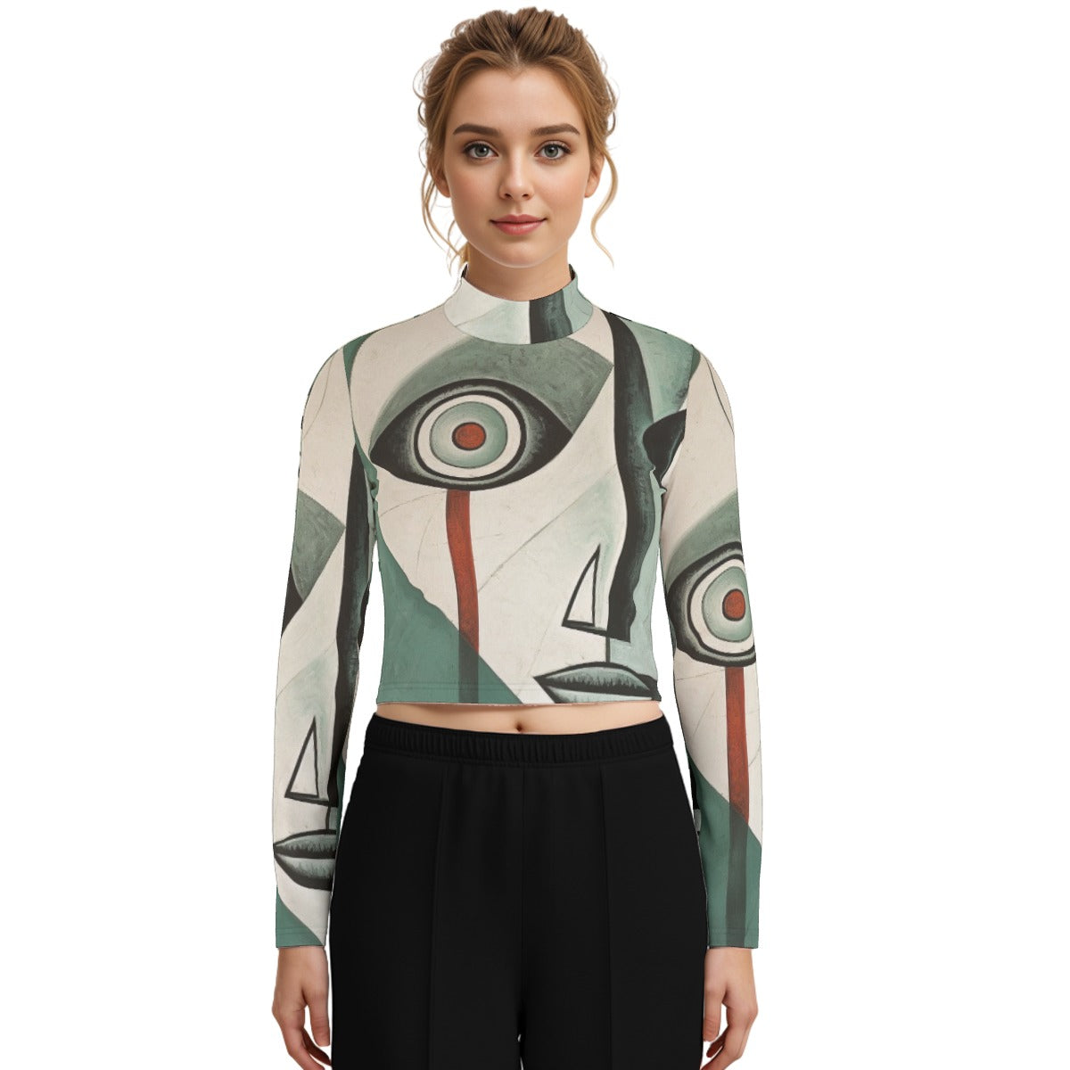 Eco-Friendly All-Over Print Women's Turtleneck T-shirt With Long Sleeve