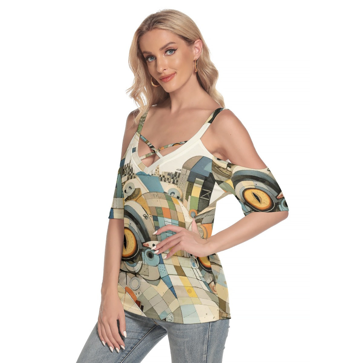 All-Over Print Women's Cold Shoulder T-shirt With Criss Cross Strips