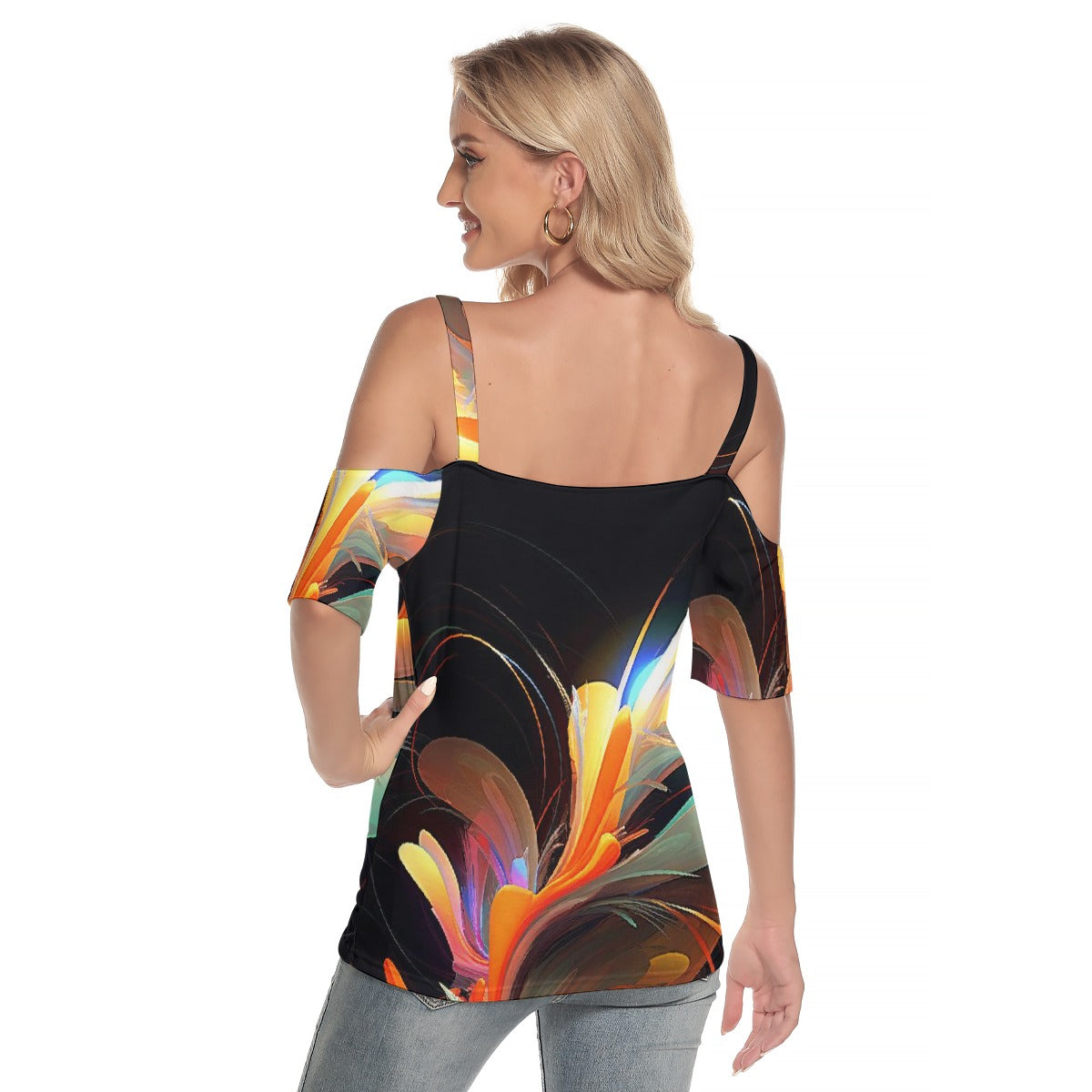 All-Over Print Women's Cold Shoulder T-shirt With Criss Cross Strips