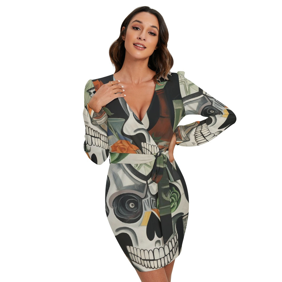 All-Over Print Women's Long Sleeve Dress With Waist Belt