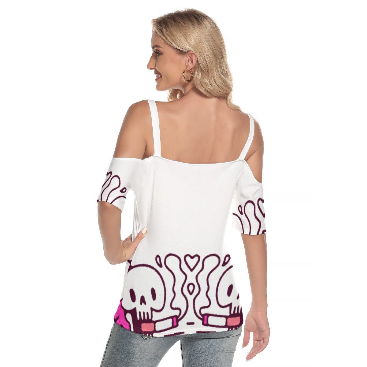 All-Over Print Women's Cold Shoulder T-shirt With Criss Cross Strips