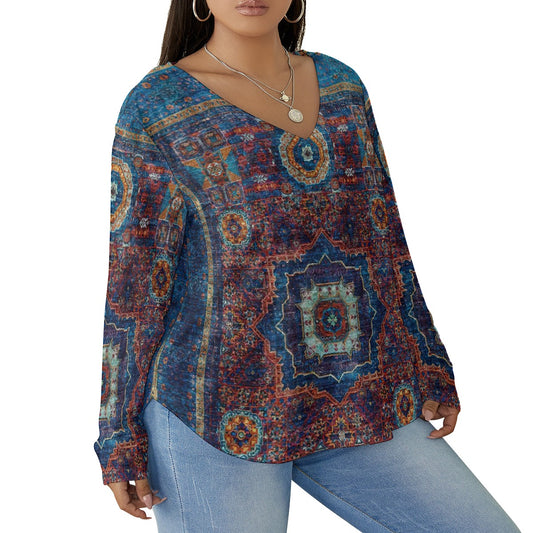 All-Over Print Women's V-neck T-shirt With Curved Hem(Plus Size)