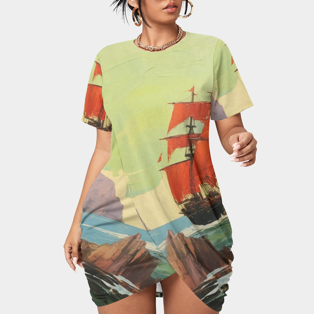 All-Over Print Women’s Stacked Hem Dress With Short Sleeve（Plus Size）