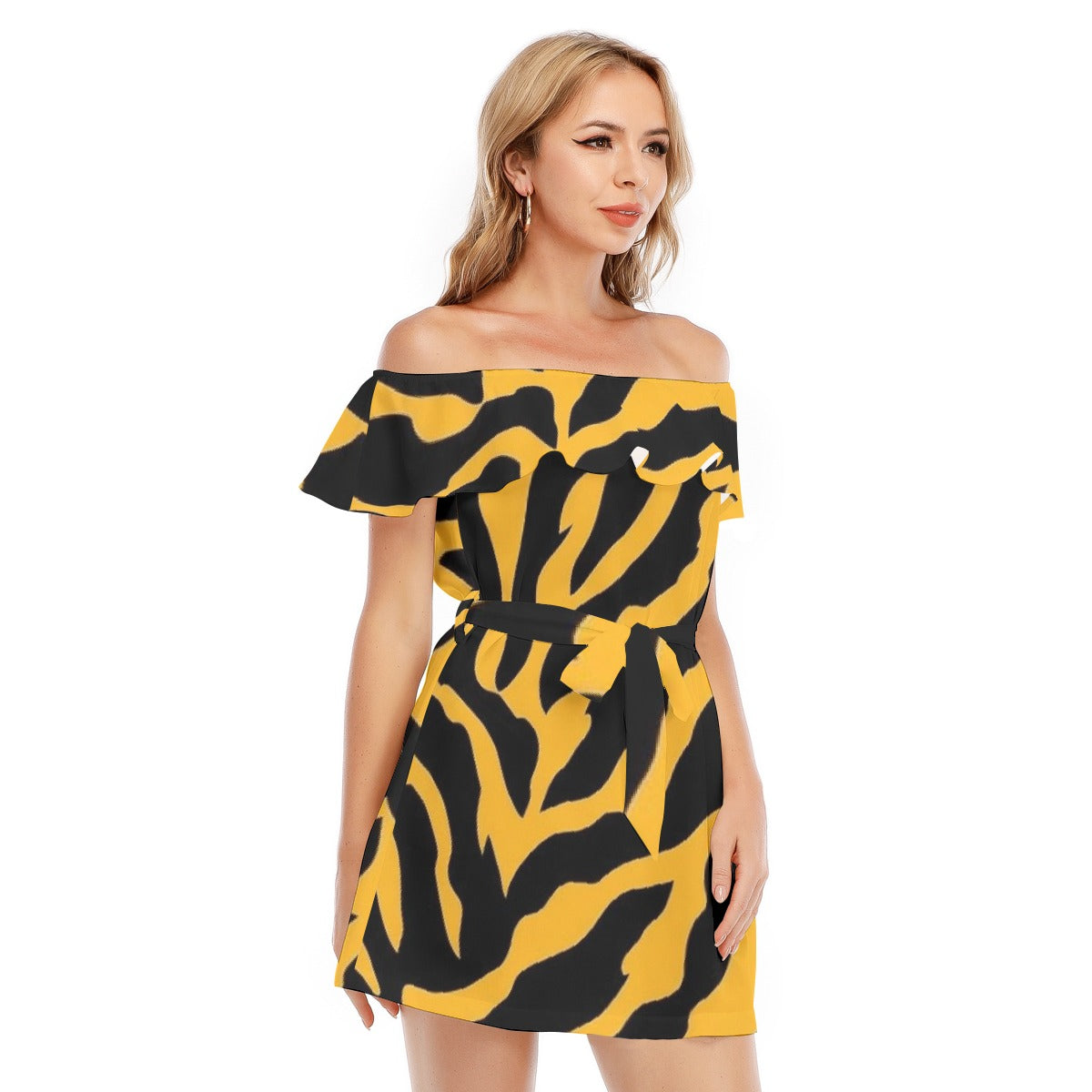 All-Over Print Women's Off-shoulder Dress With Ruffle