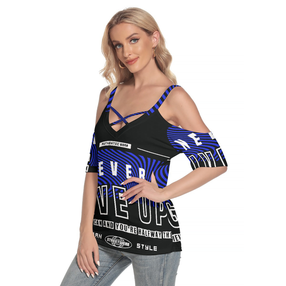 All-Over Print Women's Cold Shoulder T-shirt With Criss Cross Strips