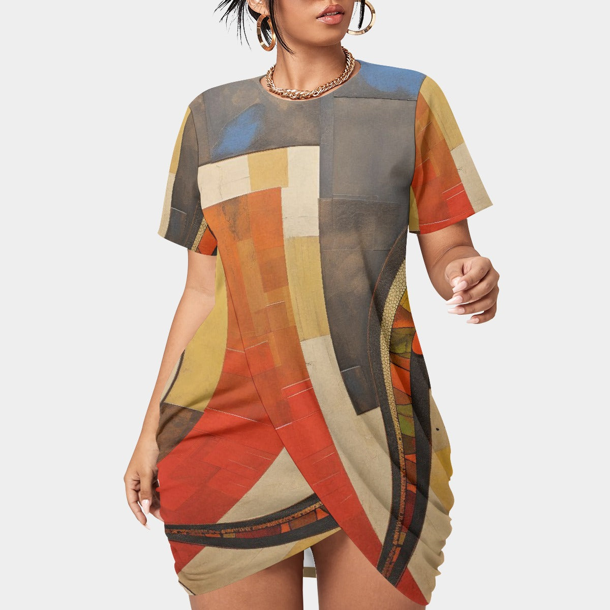 All-Over Print Women’s Stacked Hem Dress With Short Sleeve（Plus Size）