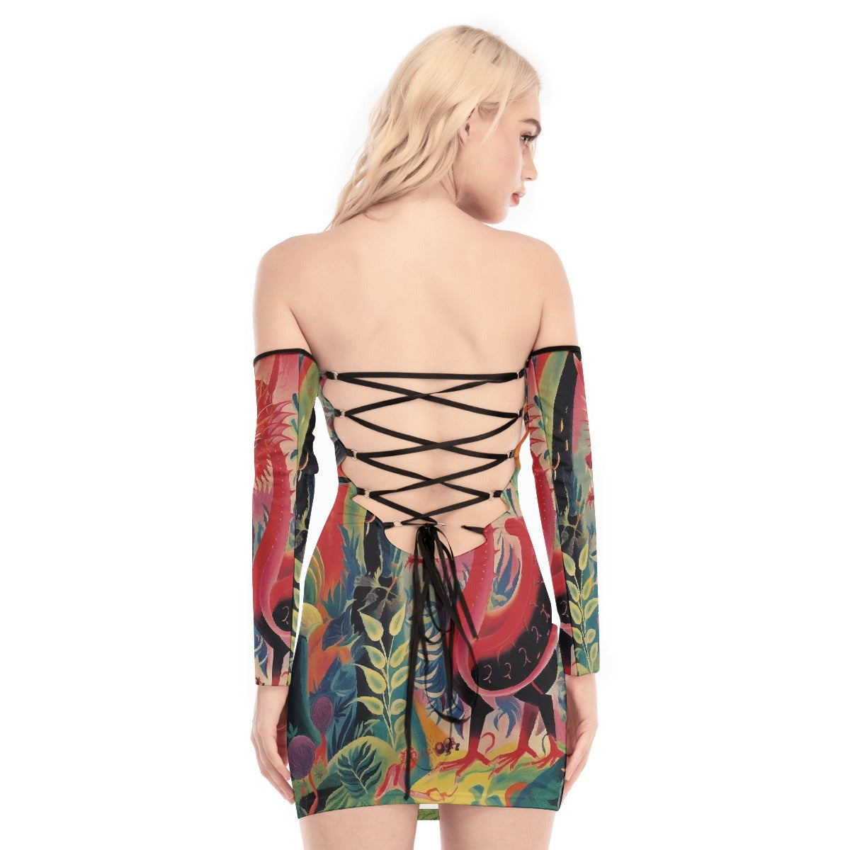 All-Over Print Women's Off-shoulder Back Lace-up Dress