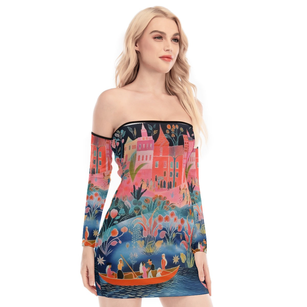 All-Over Print Women's Off-shoulder Back Lace-up Dress