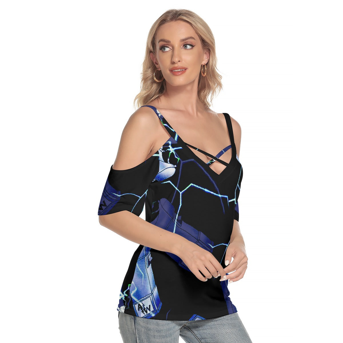 All-Over Print Women's Cold Shoulder T-shirt With Criss Cross Strips