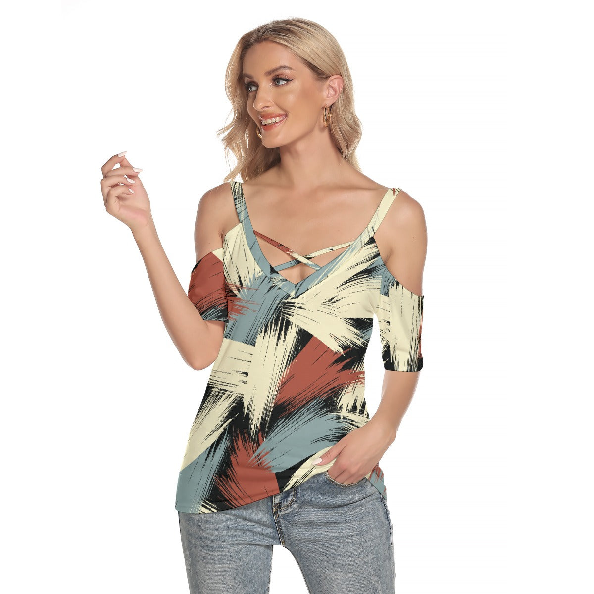 All-Over Print Women's Cold Shoulder T-shirt With Criss Cross Strips