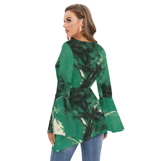 All-Over Print Women's V-neck Blouse With Flared Sleeves