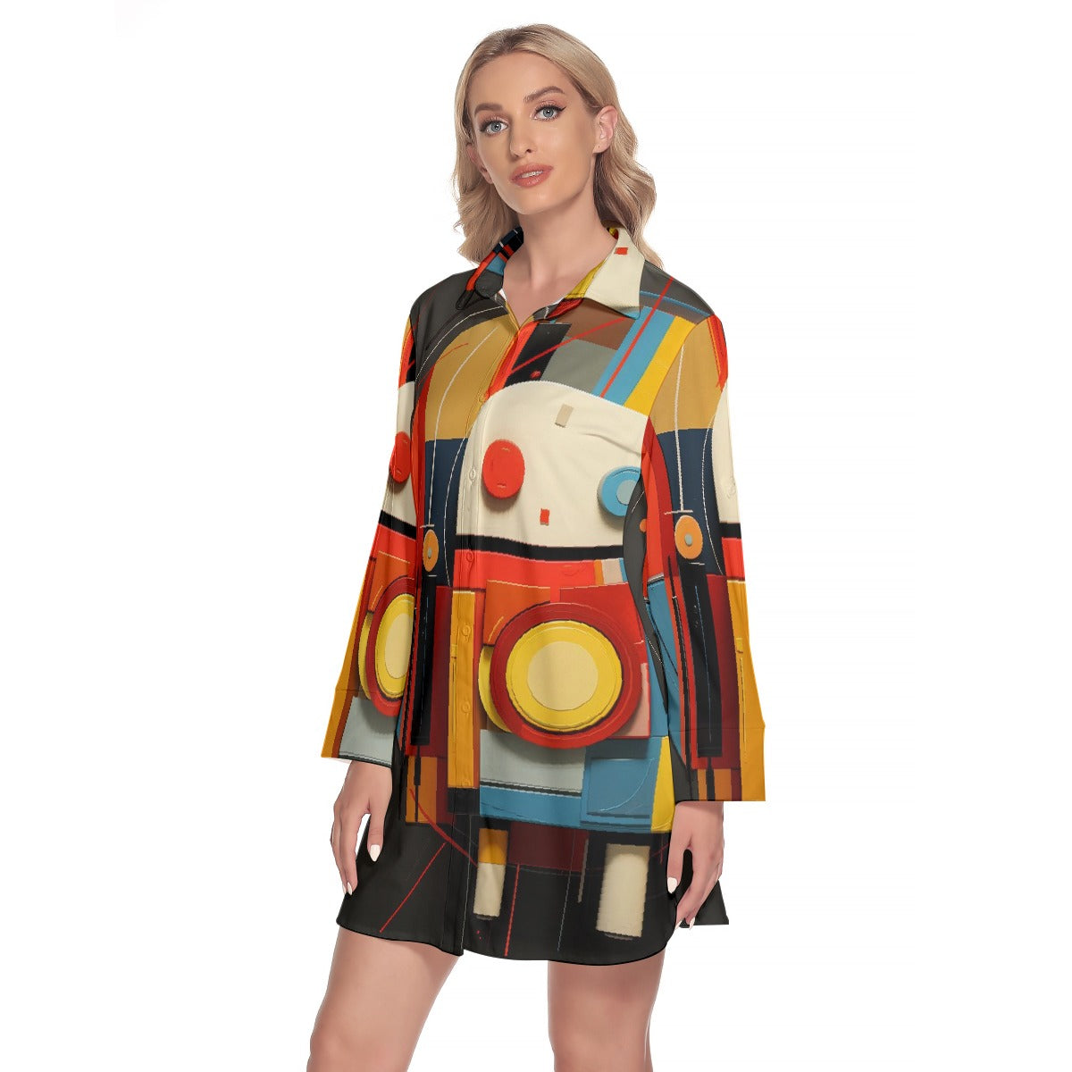 All-Over Print Women's Lapel Shirt Dress With Long Sleeve