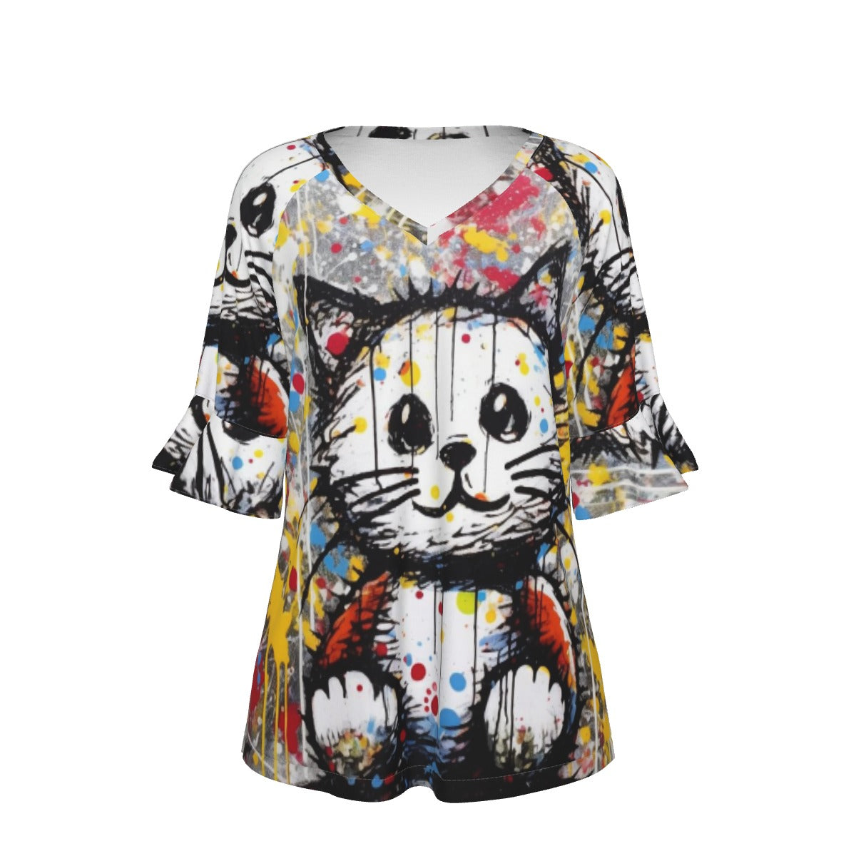 All-Over Print V-neck Women's T-shirt With Bell Sleeve