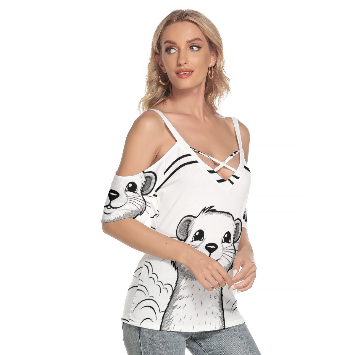 All-Over Print Women's Cold Shoulder T-shirt With Criss Cross Strips