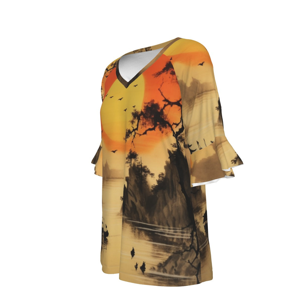 All-Over Print V-neck Women's T-shirt With Bell Sleeve