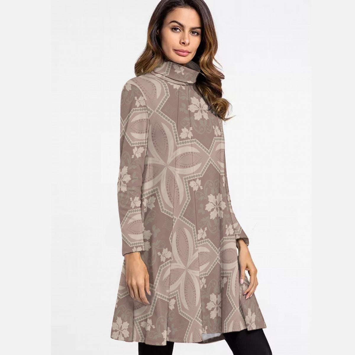 All-Over Print Women's High Neck Dress With Long Sleeve