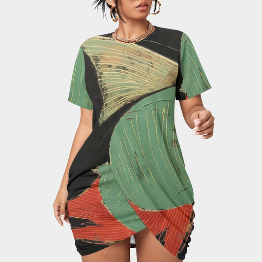 All-Over Print Women’s Stacked Hem Dress With Short Sleeve（Plus Size）