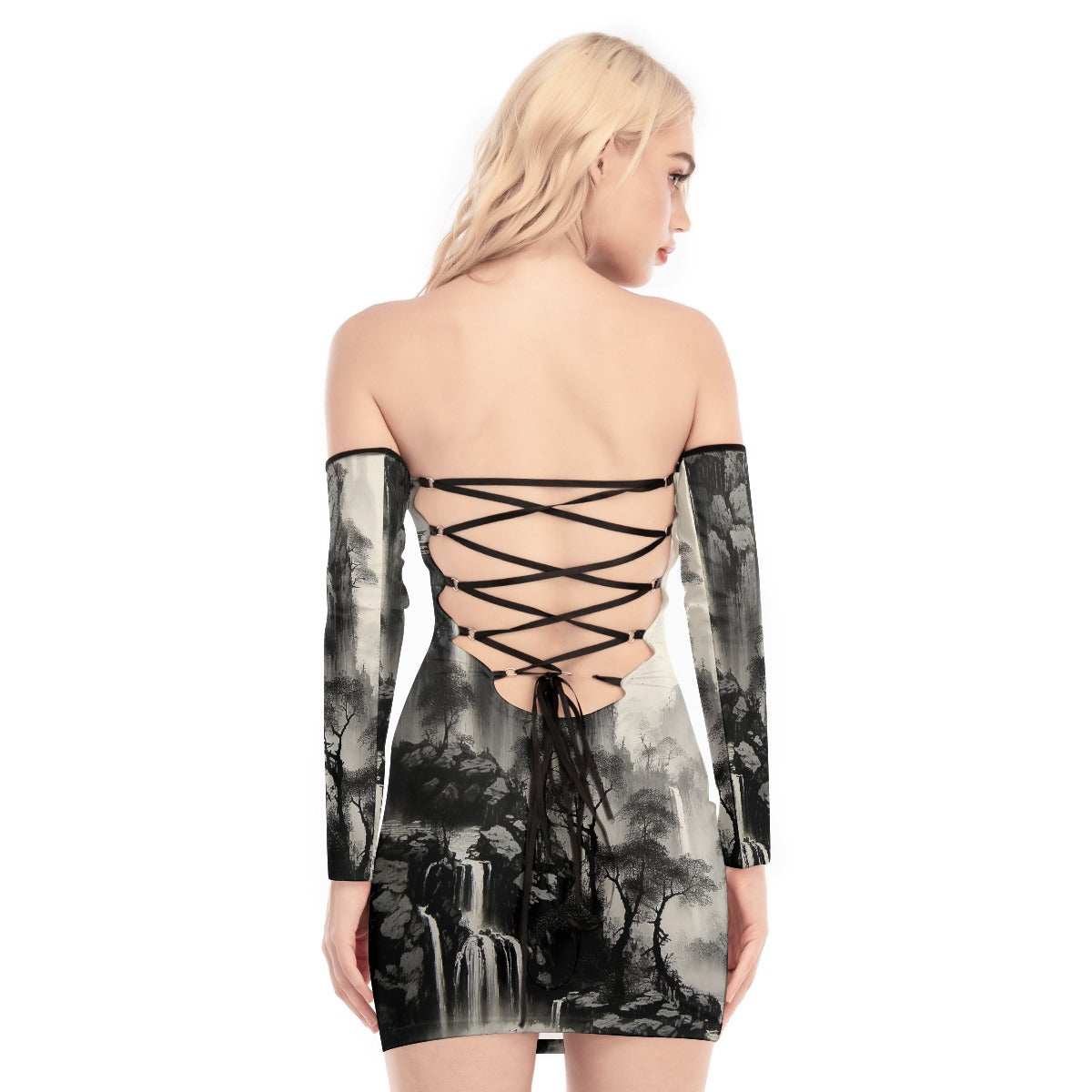 All-Over Print Women's Off-shoulder Back Lace-up Dress