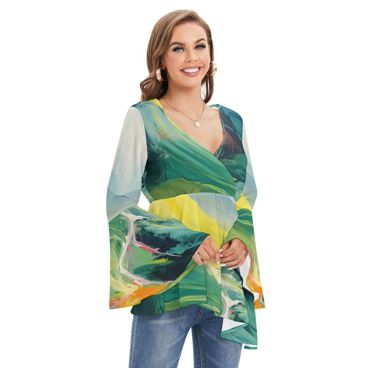 All-Over Print Women's V-neck Blouse With Flared Sleeves