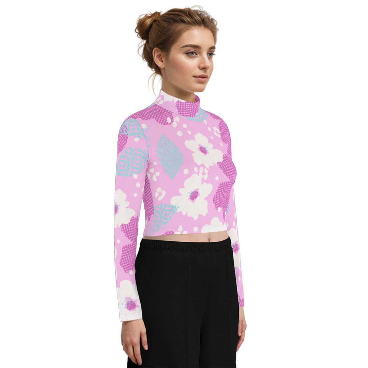 Eco-Friendly All-Over Print Women's Turtleneck T-shirt With Long Sleeve