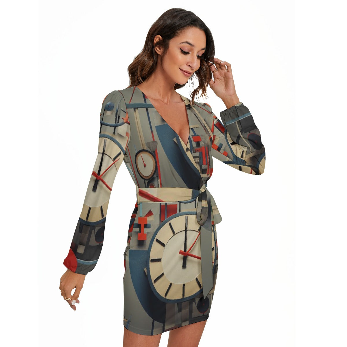 All-Over Print Women's Long Sleeve Dress With Waist Belt