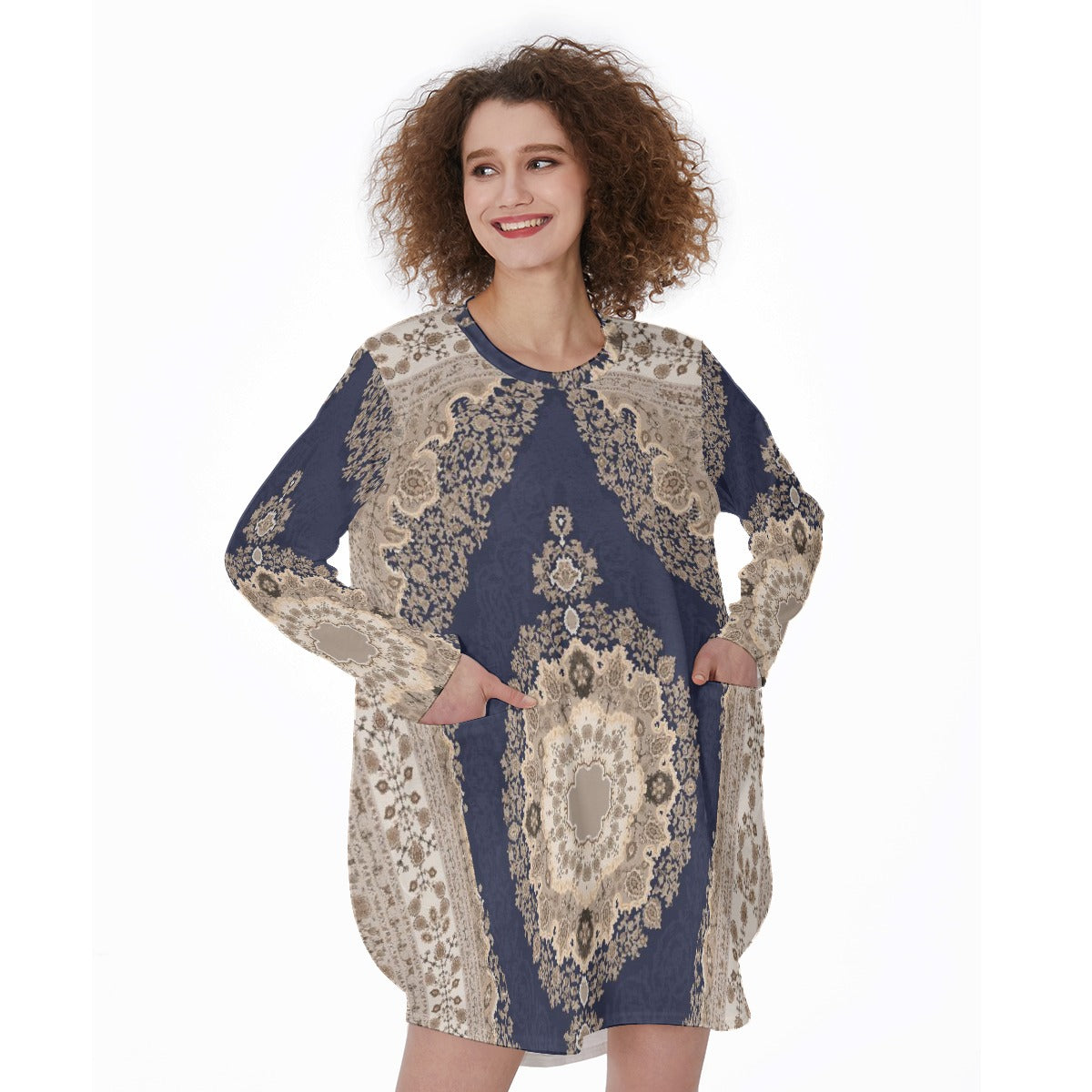 All-Over Print Women's Casual Loose Long Sleeve Dress With Pocket