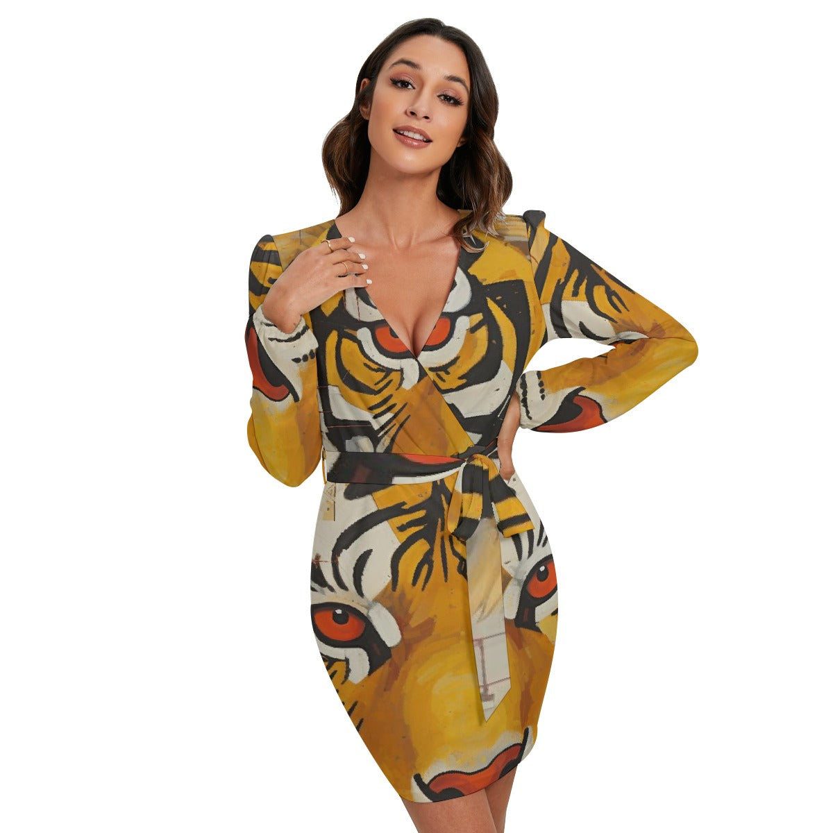 All-Over Print Women's Long Sleeve Dress With Waist Belt