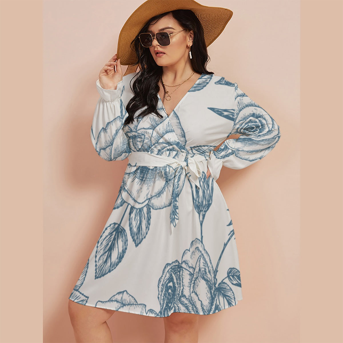 All-Over Print Women's V-neck Dress With Waistband(Plus Size)