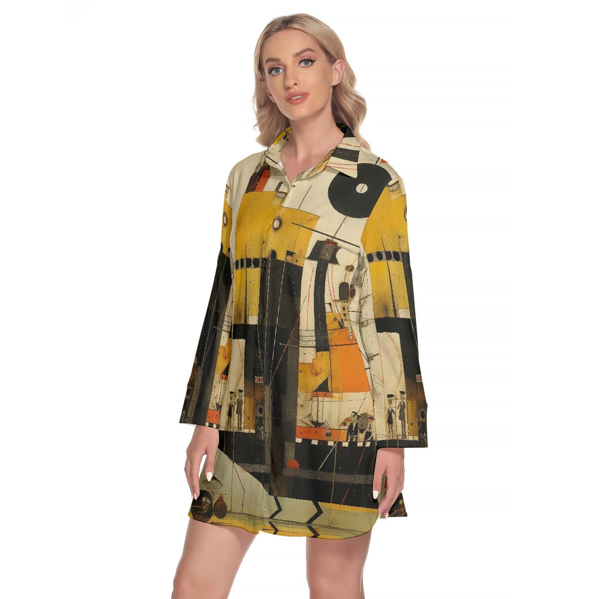 All-Over Print Women's Lapel Shirt Dress With Long Sleeve