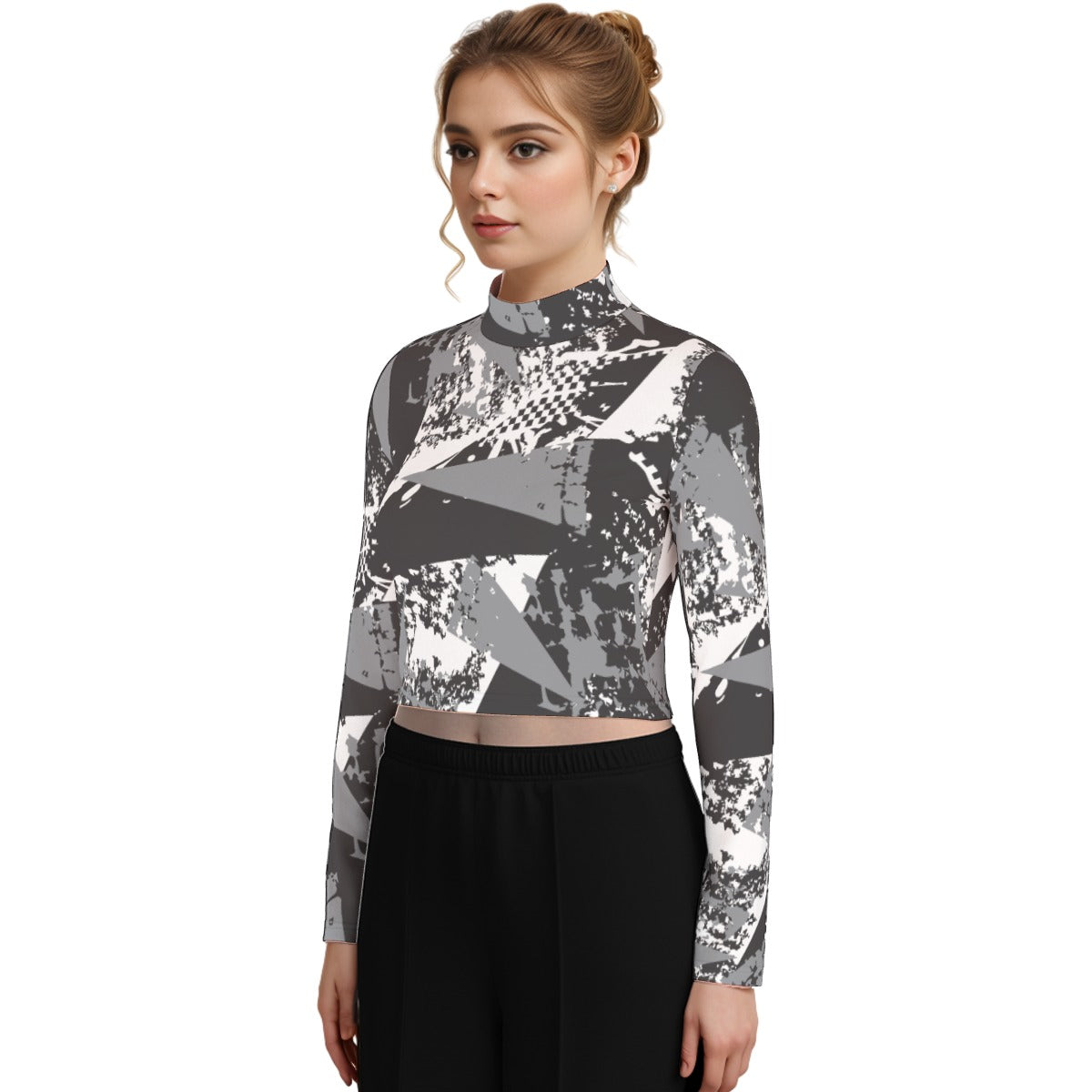 Eco-Friendly All-Over Print Women's Turtleneck T-shirt With Long Sleeve