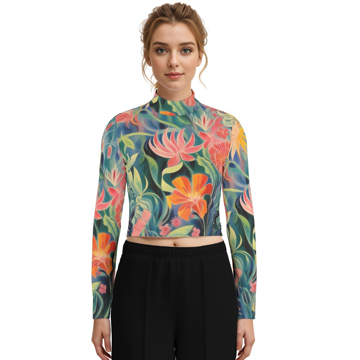 Eco-Friendly All-Over Print Women's Turtleneck T-shirt With Long Sleeve