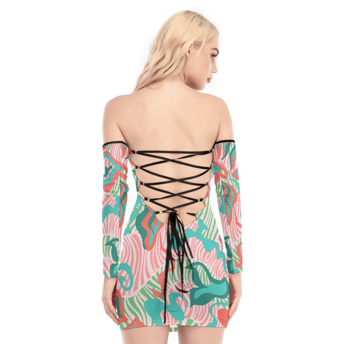 All-Over Print Women's Off-shoulder Back Lace-up Dress