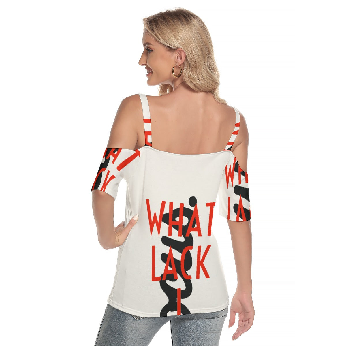 All-Over Print Women's Cold Shoulder T-shirt With Criss Cross Strips