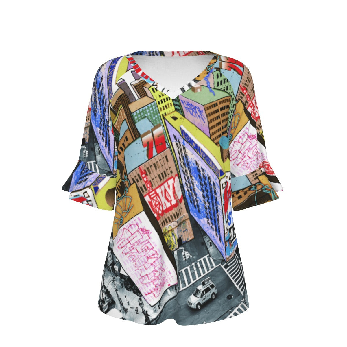 All-Over Print V-neck Women's T-shirt With Bell Sleeve