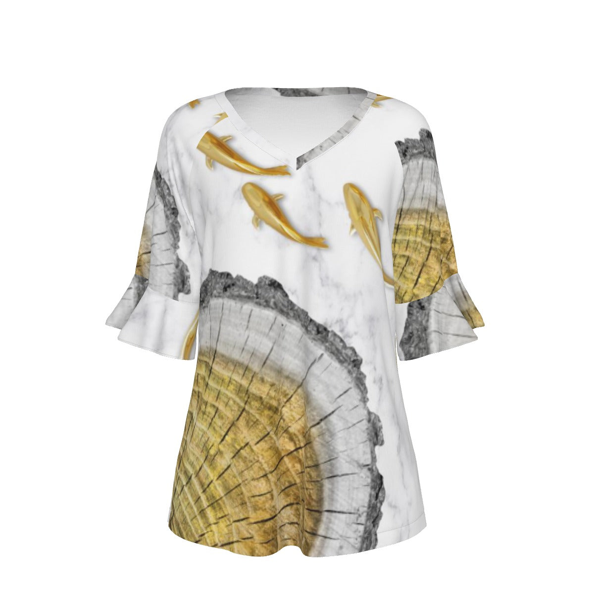 All-Over Print V-neck Women's T-shirt With Bell Sleeve