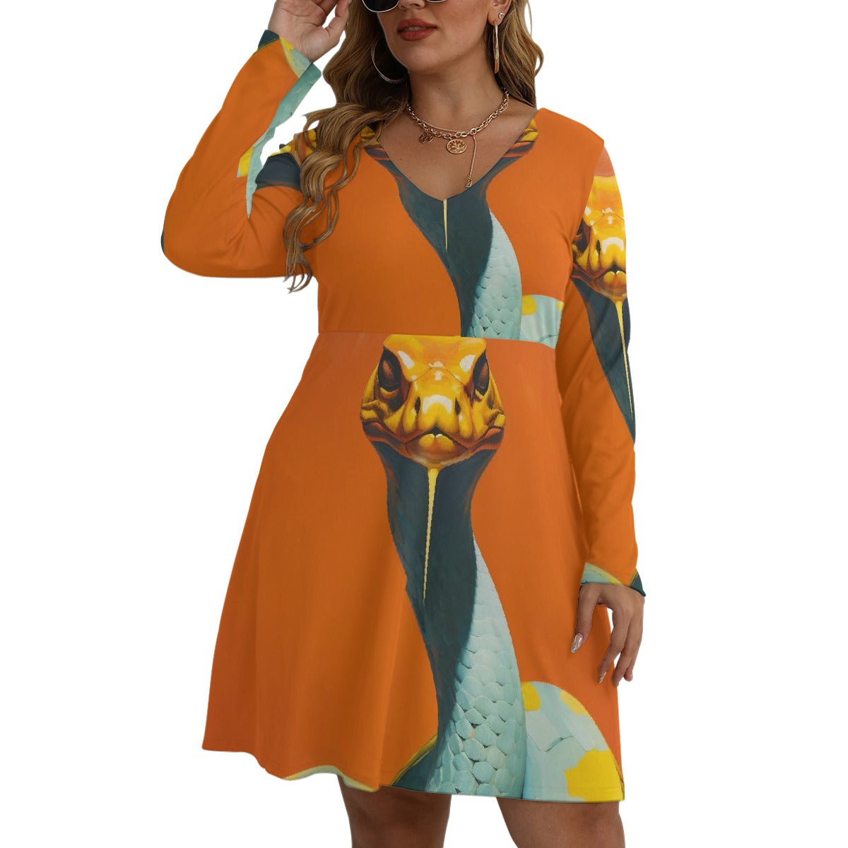 All-Over Print Women's V-neck Long Sleeve Dress(Plus Size)