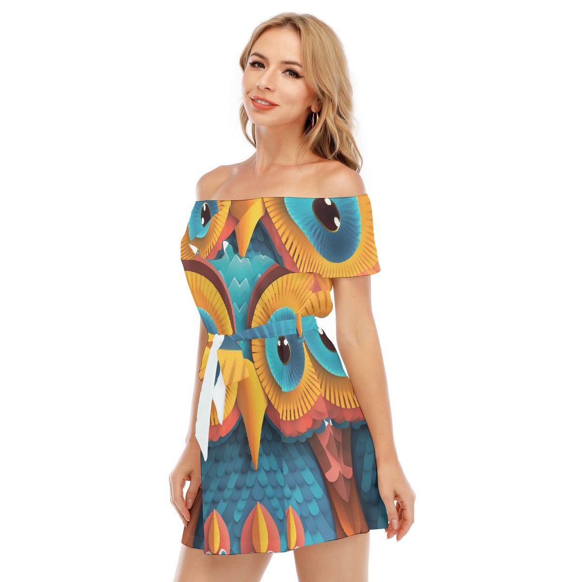 All-Over Print Women's Off-shoulder Dress With Ruffle