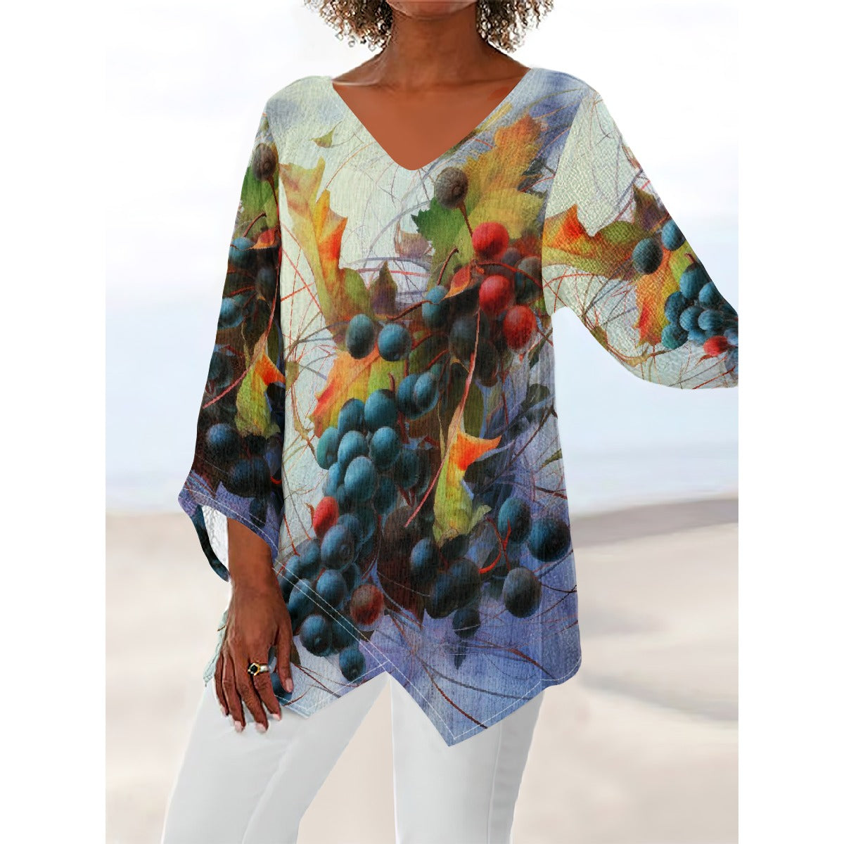 All-Over Print Women's V-neck T-shirt With Irregular Hem