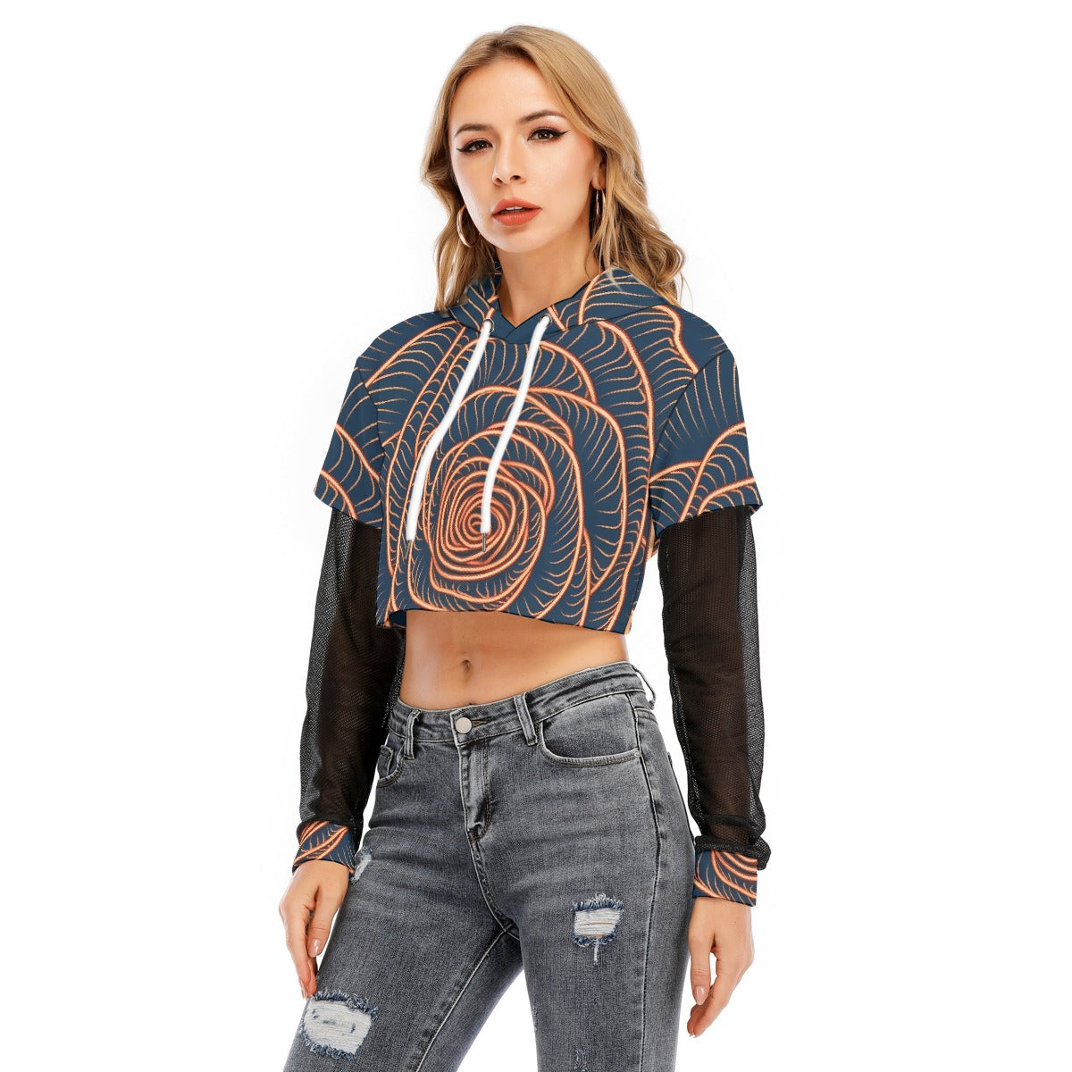 All-Over Print Women's Fake Two-piece Mesh Sleeve Cropped Hoodie